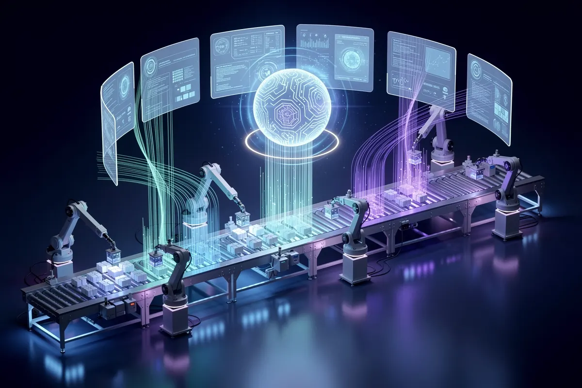 Factory production line connected by glowing data lines to enterprise systems and an AI assistant