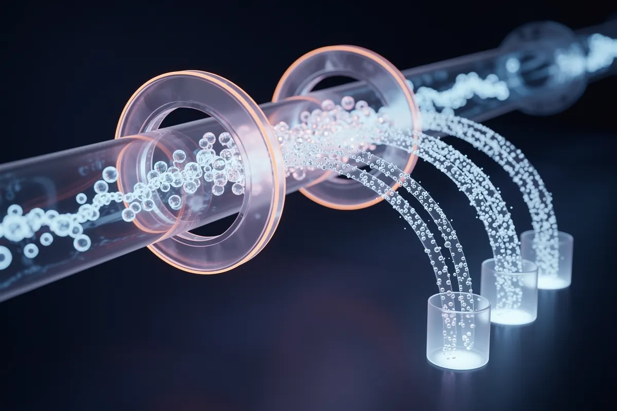 Leads entering a glowing CRM pipeline, passing scoring gates and branching to sales owners